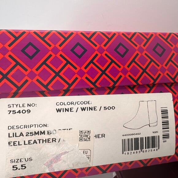 Tory Burch Lila 25mm Eel Leather Bootie Side Zip Wine Women's 5.5M NWB - Picture 12 of 12